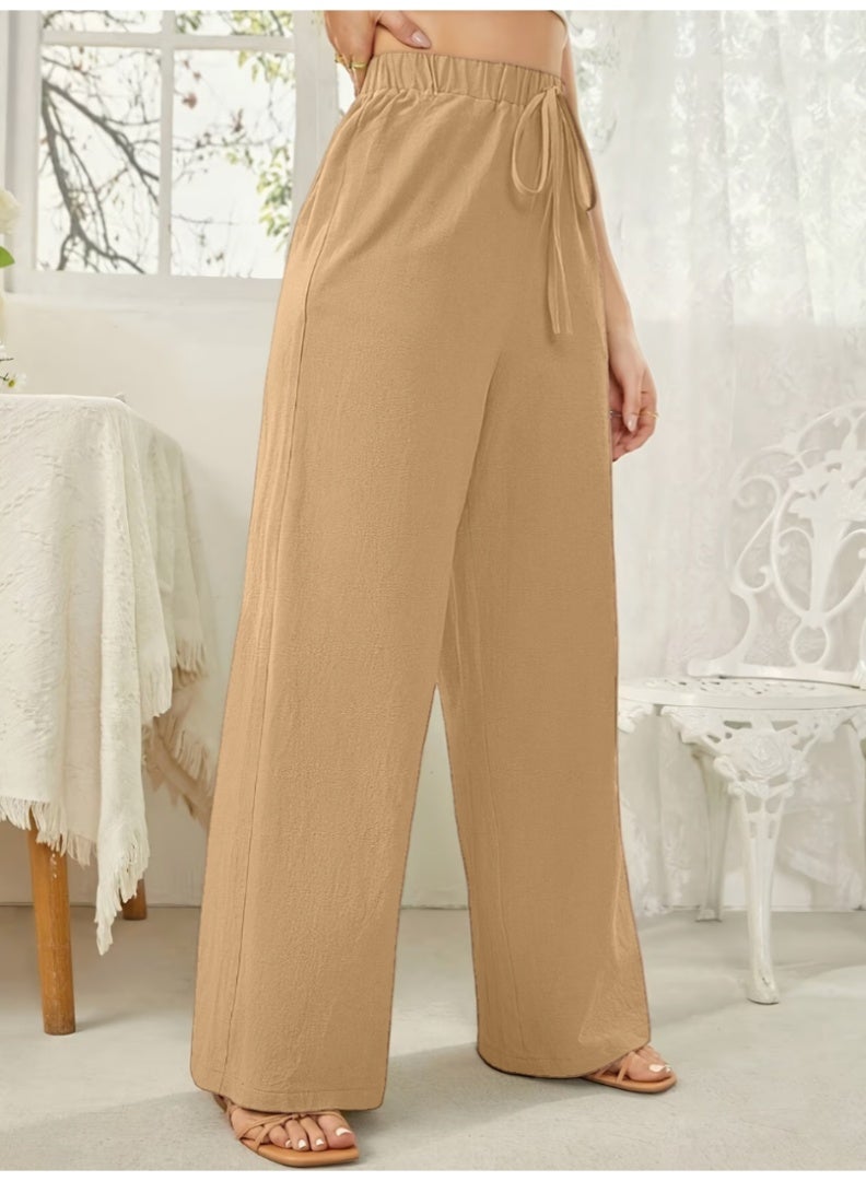 بنطلون نسائي بقصة مستقيمة وخصر عالٍ، مقاس حر - بنطلون أنيق وعصري بخصر مطاطي - Image 1